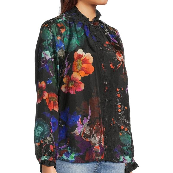 Johnny WasJolene Floral Silk Ruffled Long Sleeve Blouse - Picture 2 of 11